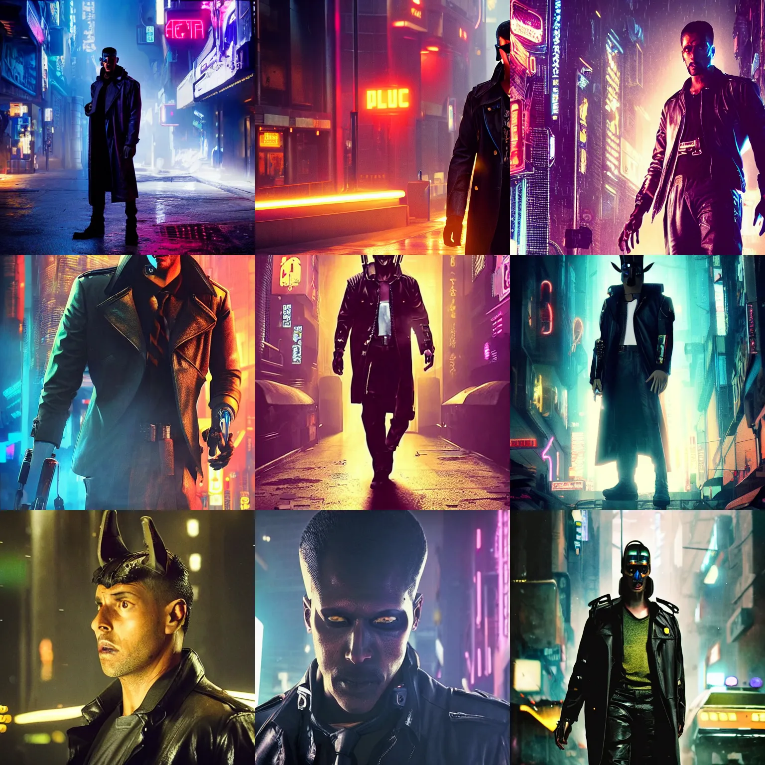 Prompt: a police detective cyberpunk anubis in a trenchcoat, in the movie bladerunner, led lights, cyberpunk 2 0 4 9, cyberpunk 2 0 7 7, city