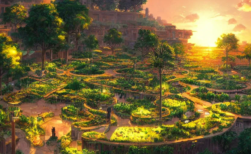 Image similar to beautiful detailed landscape artwork of the futuristic gardens of babylon, golden hour, masterpiece by Makoto Shinkai