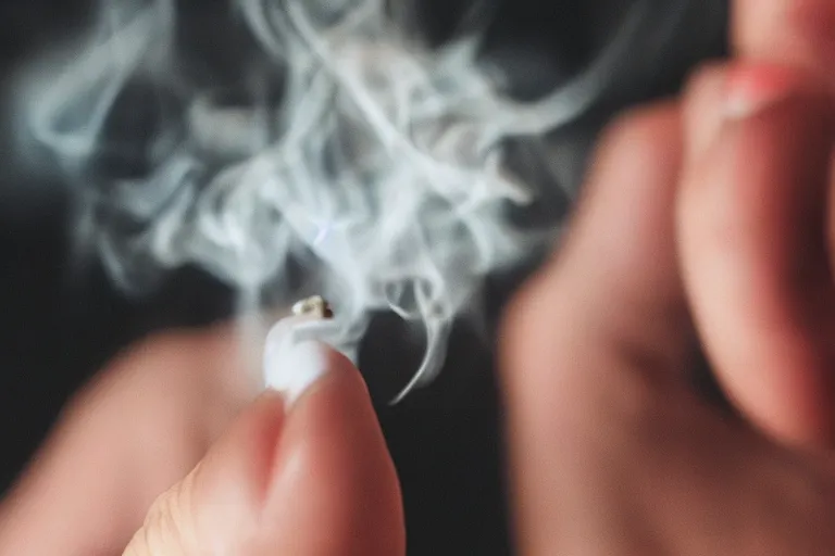 Image similar to Close-up of thin soft hand holding cigarette with smoke, hyper realistic, high details, photo, super resolution