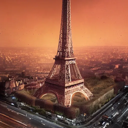 Image similar to A beautiful intricate 8K award-winning ground-level cinematic movie photograph of the future rusting rubble of the fallen and decimated Eiffel Tower, lying in pieces on the ground, surrounded by neon and collapsing corporate video billboard displays. in the year 2050, by Bruno Delbonnel and greg rutkowski. octane render, Arri Alexa 65. Cinematic lighting