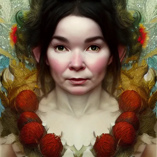 Image similar to portrait of bjork as dmt elf, 8 k highly detailed, sharp focus, illustration, art by artgerm, mucha, bouguereau