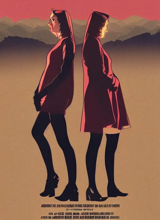 Image similar to Twin Peaks movie poster artwork by Michael Whelan and Tomer Hanuka, Rendering of Emma Watson nun & Kiernan Shipka satanist team up to solve mysteries, from a scene from Twin Peaks, clean, full of detail, Matte painting, trending on artstation and unreal engine