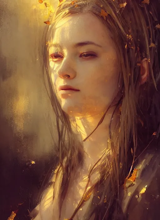 Image similar to golden leaves, beautiful portrait painting by jeremy mann, a female witch absurdly beautiful, elegant, ultrafine hyperrealistic detailed face illustration by wlop and artgerm and greg rutkowski, intricate linework, sharp focus, smooth, octopath traveler, final fantasy, unreal engine, dramatic lighting, ethereal, 8 k