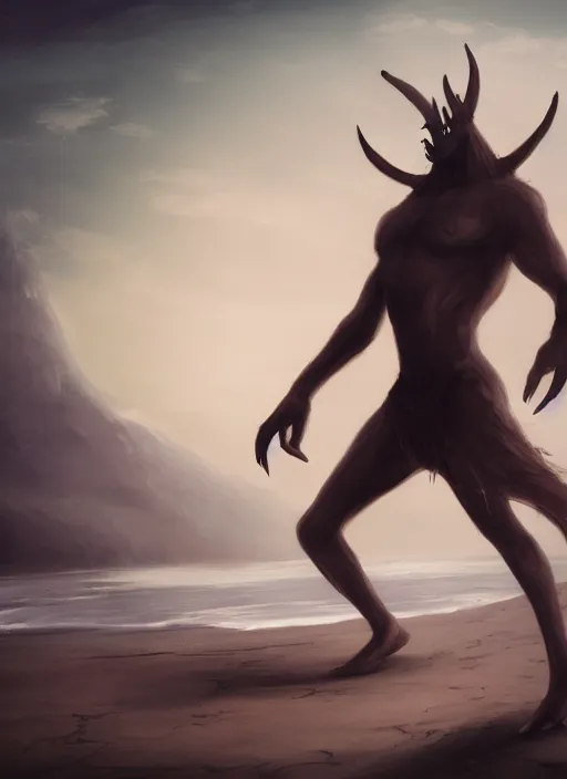 Prompt: terrific jinn demon in middle of beach with hoof on his feet with long cloth, horror, dark atmosphere, harsh lighting, cinematic lighting, scary, award wining art, artstation, high details, concept art, 4 k
