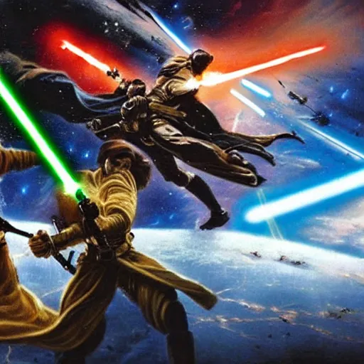 Image similar to an epic battle scene in space, style of star wars