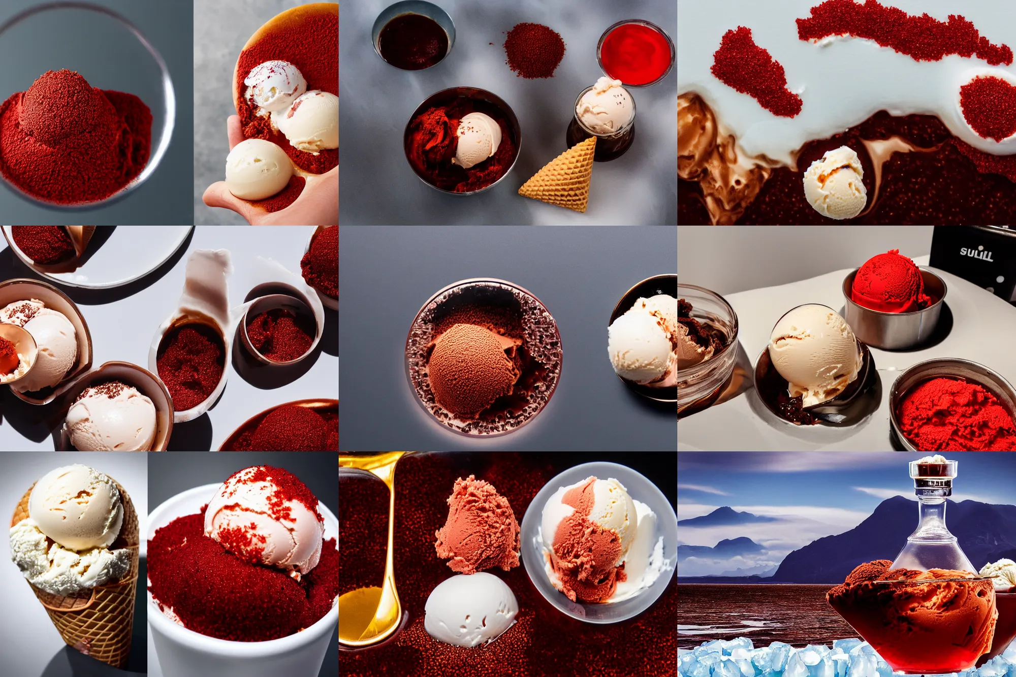 Prompt: a large island of red caviar and ice cream and brown water in the center of which there are mountains with ice cream ( five scoops ice cream cone original oil by suekill ), instead water brown coca cola ( cold brew coffee )