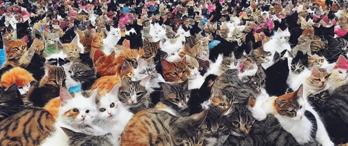 Image similar to music festival full of cats with trendy clothing. no humans, no people, no men.