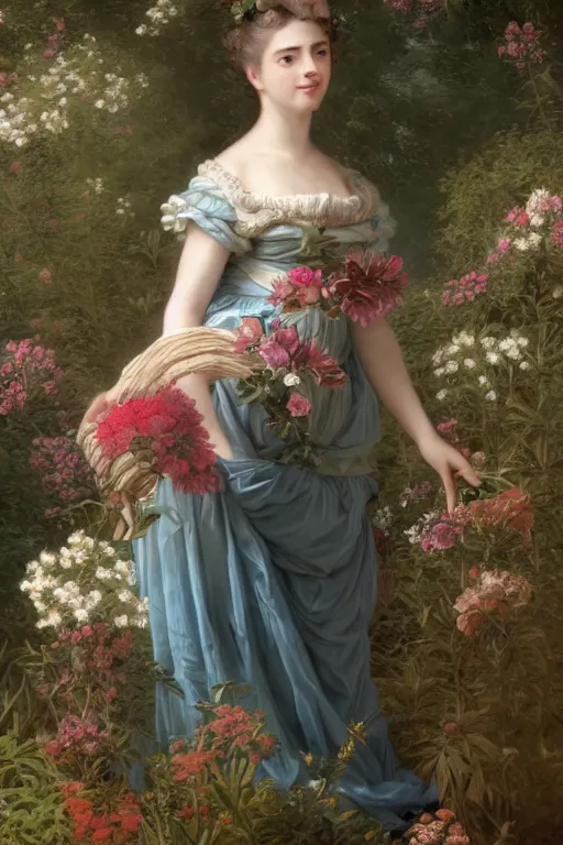 Prompt: queen of the garden full body portrait, loving amber eyes, a shy face, style portrait painting of François Boucher, Oil Painting, unreal 5, DAZ, hyperrealistic, octane render, Regal, Refined, Detailed Digital Art, RPG portrait, William-Adolphe Bouguereau, Michael Cheval, dynamic lighting, Highly Detailed, Cinematic Lighting, Unreal Engine, 8k, HD