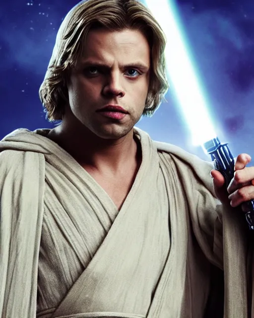 Prompt: sebastian stan portraying a beautiful luke skywalker grand master jedi from star wars legends, in a jedi robe, without lightsaber, movie, hyper realistic, hollywood promotional image, imax, 8 k