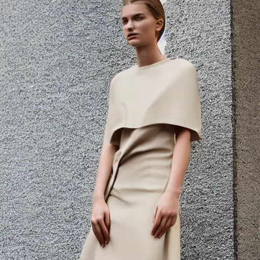 Image similar to close up of face of female fashion model in minimalistic dress, beige colors, official jil sander editorial, highly detailed