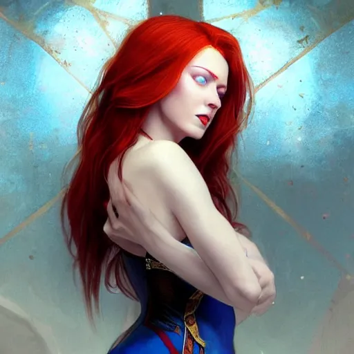 Image similar to redhead vampire sorceress, perfect face viewed in profile, bright glowing blue and silver eyes, gold shirt, cinematic, floating ash, stunning, highly detailed, artstation, smooth, hard focus, concept art, art by artgerm and greg rutkowski and alphonse mucha, volumetric lighting, octane render, 4 k resolution, trending on artstation, masterpiece