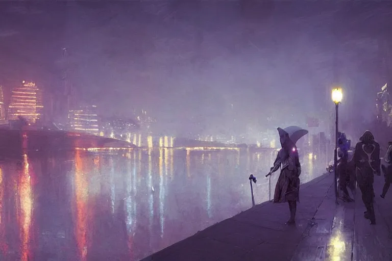 Prompt: Kyiv on Dnieper river, neon lighting, night city, digital art from artstation by Ruan Jia and Mandy Jurgens and Artgerm and william-adolphe bouguereau and Greg Rutkowski and Wayne Barlowe