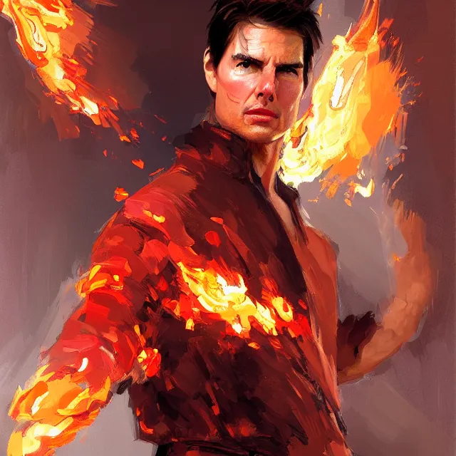 Prompt: Tom Cruise as a firebender, portrait, elegant, intricate, digital painting, artstation, concept art, smooth, sharp focus, illustration, art by konstantin korovin and Daniel F. Gerhartz and john howe