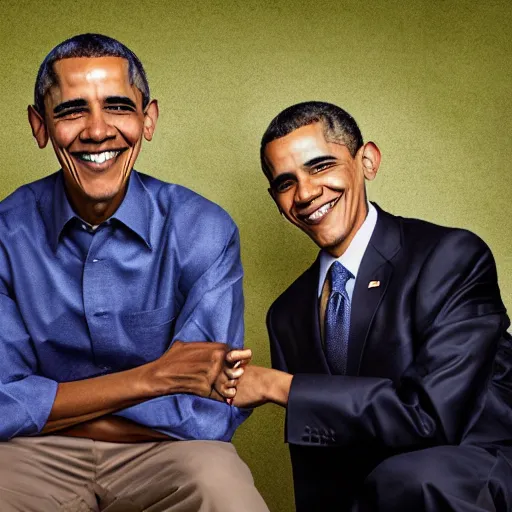 Image similar to A portrait Obama teams up with a teenage Obama, perfect faces, 50 mm, award winning photography