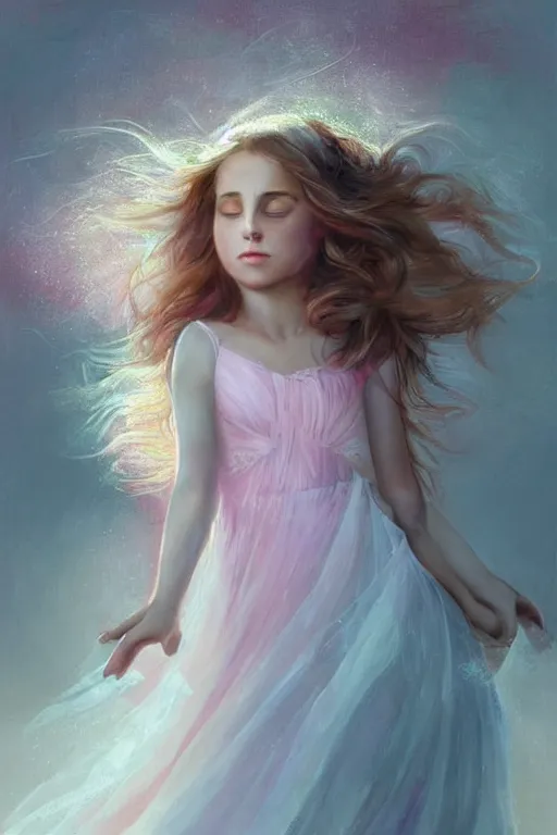 Prompt: very beautiful little girl dancing in the wind, beautiful face, ethereal, beautiful wedding dress, pink, gorgeous, volumetric lighting, elegant, fluid, ultradetailed, digital painting, concept art, illustration, limited color palette, atmosphere and tension, art by greg olsen and liz lemon swindle