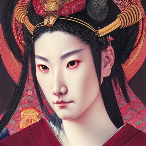 Prompt: a stunning portrait of samurai woman by Evelyn De Morgan and Ross Tran, rossdraws, fresco