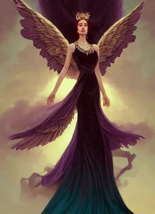 Image similar to ombre velvet gown, beautiful elegant bird woman with wings, portrait, dramatic light on face, long hair, tiara, dozens of jeweled necklaces, by greg rutkowski, brom, anato finnstark, alphonse mucha