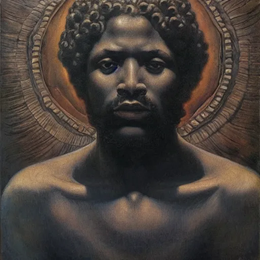 Image similar to masterpiece black man with curly hair sculpture from islamic civilization, by annie swynnerton and diego rivera and nicholas roerich and jean delville and charlie bowater, symbolist, dramatic lighting, god rays, art brut, rich colors, smooth sharp focus, extremely detailed, adolf wolfli and ( donato giancola and bilibin )