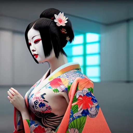 Image similar to an android geisha in a lotus position wearing a flowing kimono and tattoos, octane render, unreal engine, 8 k, cinematic, artwork by ilya kuvshinov