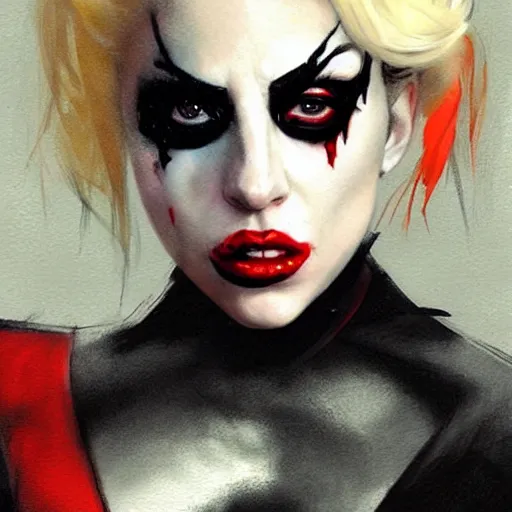 Image similar to lady gaga as harley quinn, portrait, painted by greg rutkowski