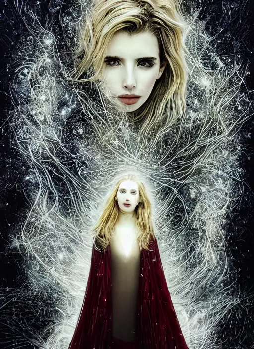 Prompt: glowing silver and golden elements, full close-up portrait, Emma Roberts as a dark witch in front of the full big moon, book cover, green forest, red white black colors, establishing shot, extremly high detail, foto realistic, cinematic lighting, pen and ink, intricate line drawings, by Yoshitaka Amano, Ruan Jia, Kentaro Miura, Artgerm, post processed, concept art, artstation, matte painting, style by eddie, raphael lacoste, alex ross