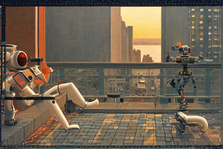 Image similar to painting of a robot, in a rooftop, watching new york, beautiful, sunset, romantic, by ludwig deutsch and maxfield parrish, patterned tilework, extremely detailed, cinematic lighting, smooth sharp focus