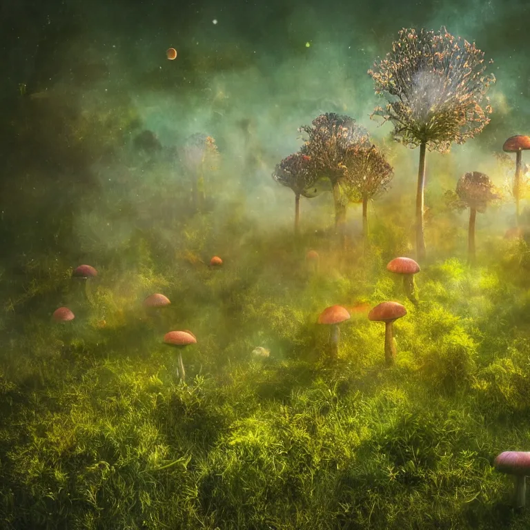 Image similar to a planet of various fungus like trees, mushrooms, flowers and plants, artistic photography, conceptual, long exposure outside the city, volumetric light