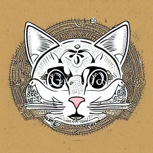 Prompt: tattoo sketch, cat, winks, draft, organic ornament, maori, vector