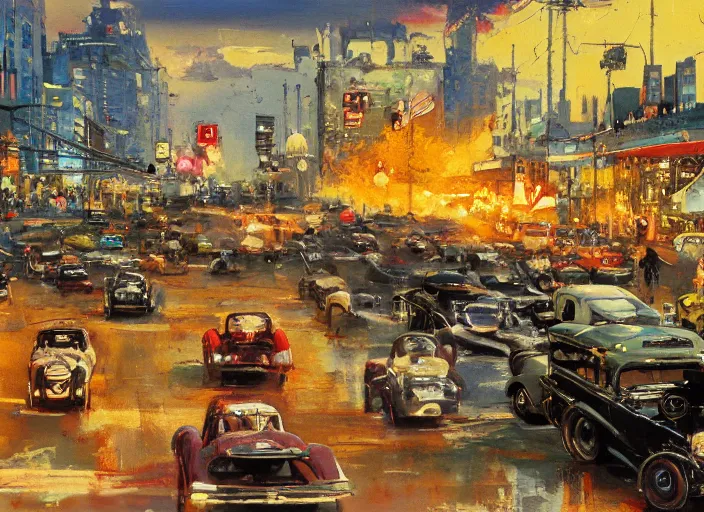 Image similar to hotrods driving down a street , vintage, high detail, golden hour, 8K, by John Berkey