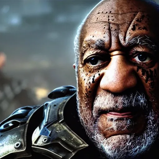 Image similar to Bill Cosby as 'Crusader-Patriot-Knight'!! in Gears of War, splash art, movie still, detailed face, photorealistic facial features, cinematic lighting, dramatic, octane render, long lens, shallow depth of field, bokeh, anamorphic lens flare, 8k, hyper detailed, 35mm film grain