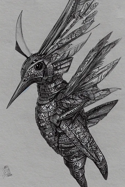 Image similar to armoured warrior hummingbird monster, symmetrical, highly detailed, digital art, hummingbird themed armour, sharp focus, trending on art station, kentaro miura manga art style