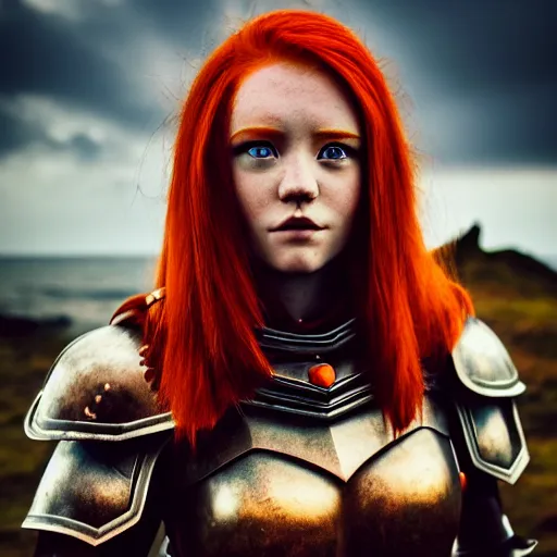 Image similar to north female warrior, red hair, ginger hair, fantasy, high detailed, photography, cloudy, lightweight armor, Scandinavia, plain, Authentic, detailed face, cute face, professional model, professional photographer, masterpiece, 8k, 3D