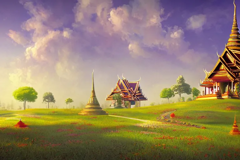 Image similar to summer morning, thai temple, rolling mountain, very coherent and colorful high contrast, art by gediminas pranckevicius, dark shadows, hard lighting