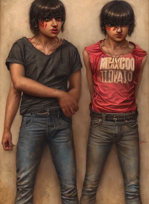 Prompt: portrait of macho young twin mexican buddies in guadalajara, by tom bagshaw and manuel sanjulian