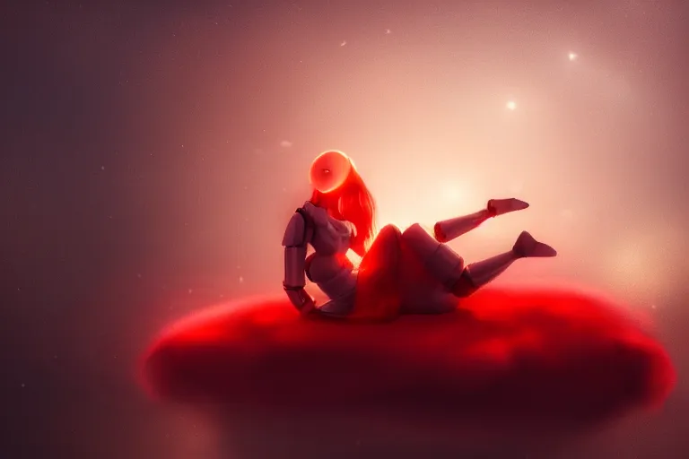 Image similar to a cute robot girl sitting on a cloud relaxing, red lighting, mist, digital art,