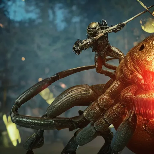 Prompt: highly detailed octane render of giant glowing insects chasing short fat men with giant beards who each hold a gun and wear armour. Depth of field