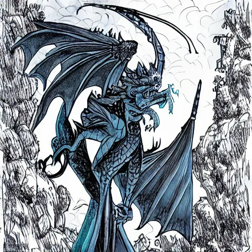 Image similar to A large azure dragoness atop a castle tower by Andy Kubert, noir, gloomy, highly detailed