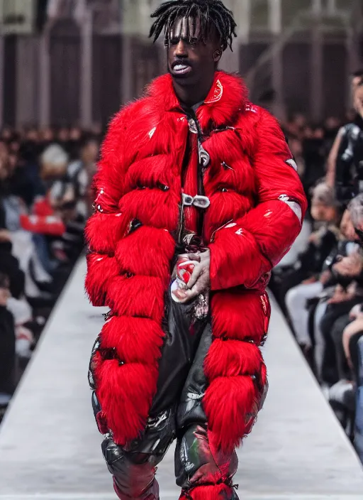 Image similar to hyperrealistic and heavy detailed moncler runway show of whole lotta red by playboi carti, leica sl 2 5 0 mm, vivid color, high quality, high textured, real life