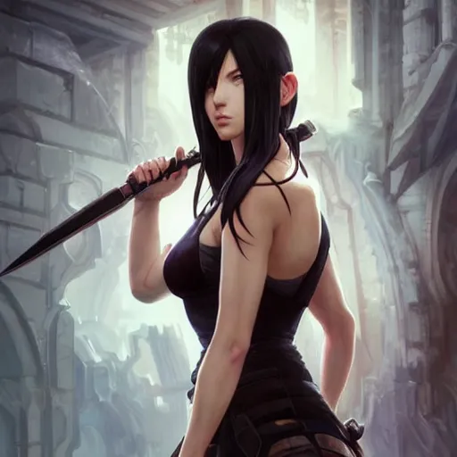 Image similar to portrait of Tifa from the Final Fantasy, D&D, fantasy, intricate, elegant, highly detailed, digital painting, artstation, concept art, matte, sharp focus, illustration, by Artgerm, Greg Rutkowski, Alphonse Mucha