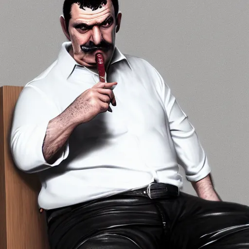 Image similar to a midage italian male, beardless, short black hair with gel, overweight, fine white shirt, leather belt, black pants, leather shoes, smoking a cigar, close up, gta v style, concept art, highly detailed, hyper realistic, unreal engine