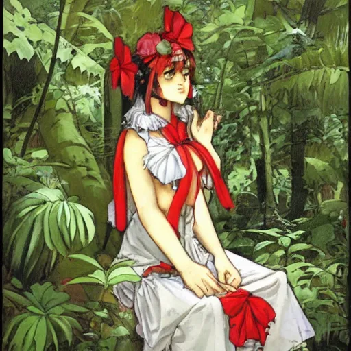 Image similar to a mucha alphonse of reimu in the jungle wearing bonnet