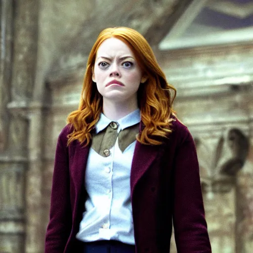 Prompt: emma stone as Hermione Grainger a still shot from harry Potter movie 2