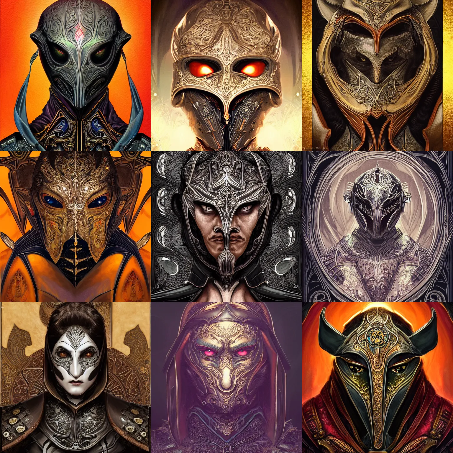 Prompt: head-on symmetrical centered painted portrait, male imp assassin, black leather armour, art nouveau, tarot card style, complex fractal tarot card background, fantasy, intricate, elegant, highly detailed, smooth, sharp focus, illustration, artstation, in the style of Artgerm and Anna Podedworna and Alex Ross and Mucha