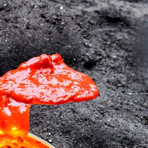 Prompt: a picture of pizza sauce coming out of a volcano