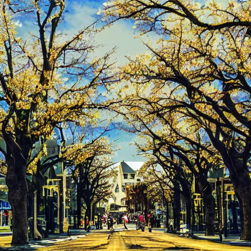 Image similar to haunted holiday in christchurch new zealand tram cashel mall hagley park daffodils high quality 8 k render digital fantasy art beautiful stunning. intricate. ornate. wonderful. utopia.