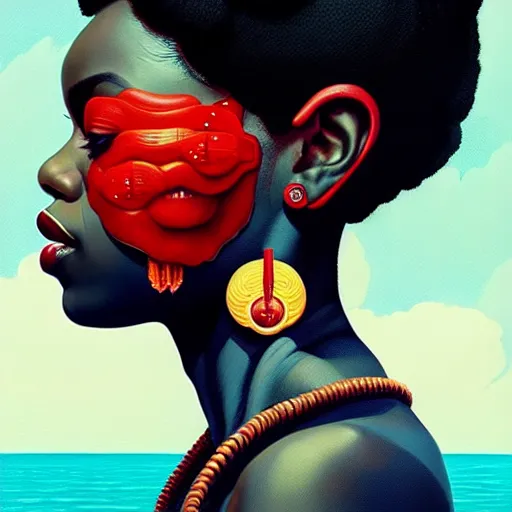 Image similar to portrait of a black woman :: side profile :: blood :: background sea :: intricate details :: oxygen implant :: 8k :: simon stalenhag and Sandra Chevrier