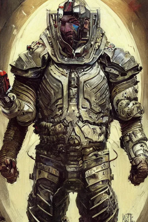 Image similar to portrait of hulking giant dave bautista in futuristic scifi battle armour by norman rockwell