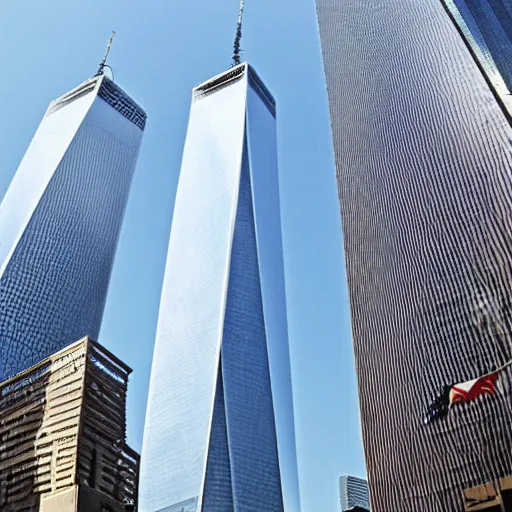 Prompt: World Trade Center twin towers, futuristic New York, street level shot