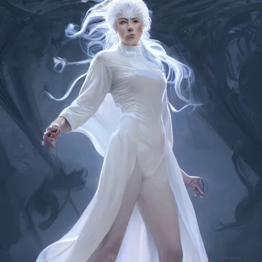 Image similar to ghostly lady, white hair, white clothes, full body, highly detailed, digital painting, concept art, artstation, sharp focus, by artgerm and greg rutkowski and alphonse mucha