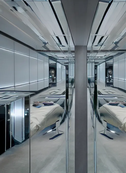Prompt: a futuristic sci - fi room with mirrored walls